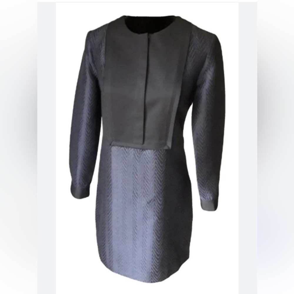 GORGEOUS SANDRO COTTON/SILK BLEND TEXTURED MINI DRESS w/ BLACK BIB DETAILING EUC